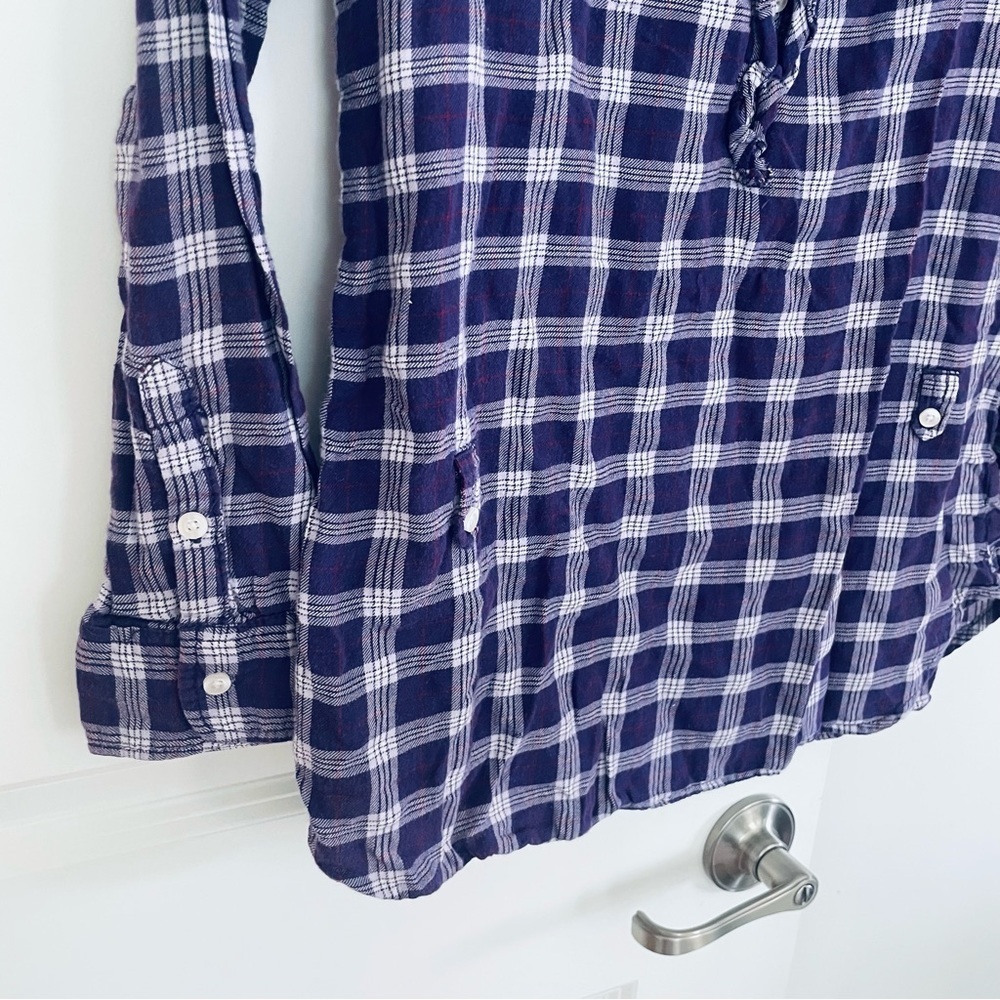 AEO Cotton Plaid Ruffle Neck Long Sleeve Top Purple Size 6 - Picture 5 of 11
